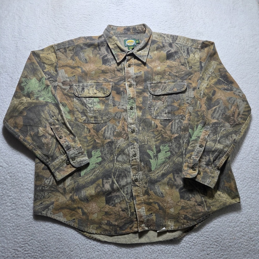 Vintage 80s Cabela's Camouflage Flannel Shirt Advantage Camo Size 2XL Shacket